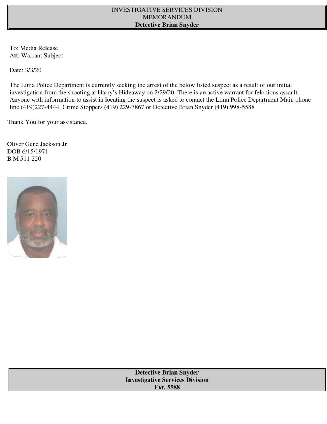 Oliver Gene Jackson Jr. Media Release