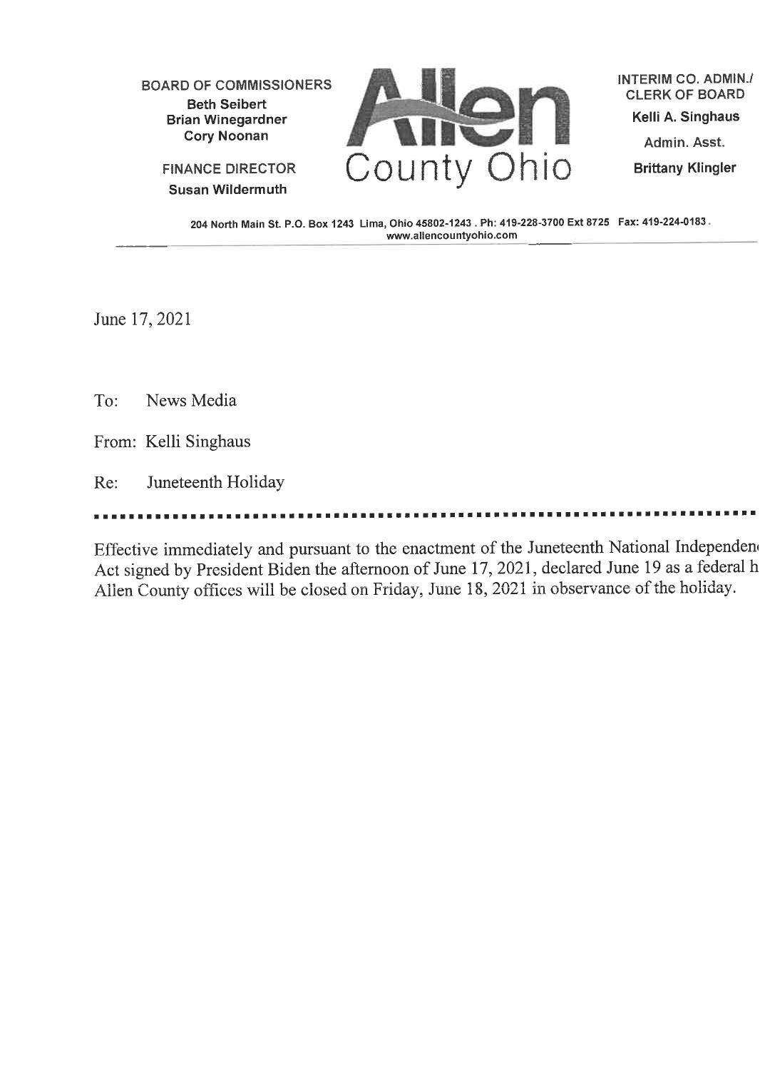 Allen County Offices Closed Juneteenth