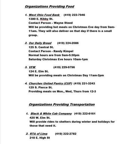 Lima Police info on food and shelter