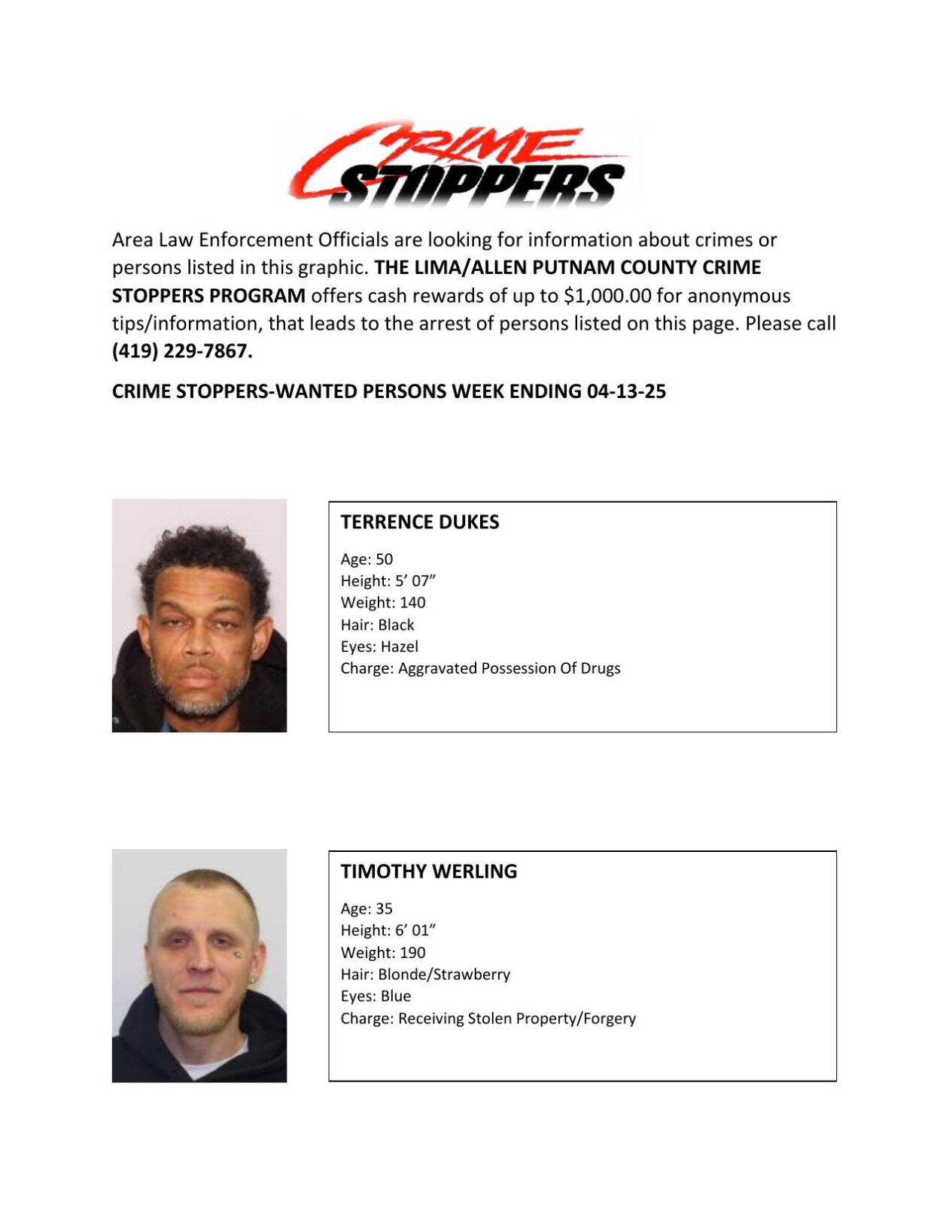 Lima/Allen-Putnam County Crime Stoppers Wanted Persons of the Week - April 7th, 2025