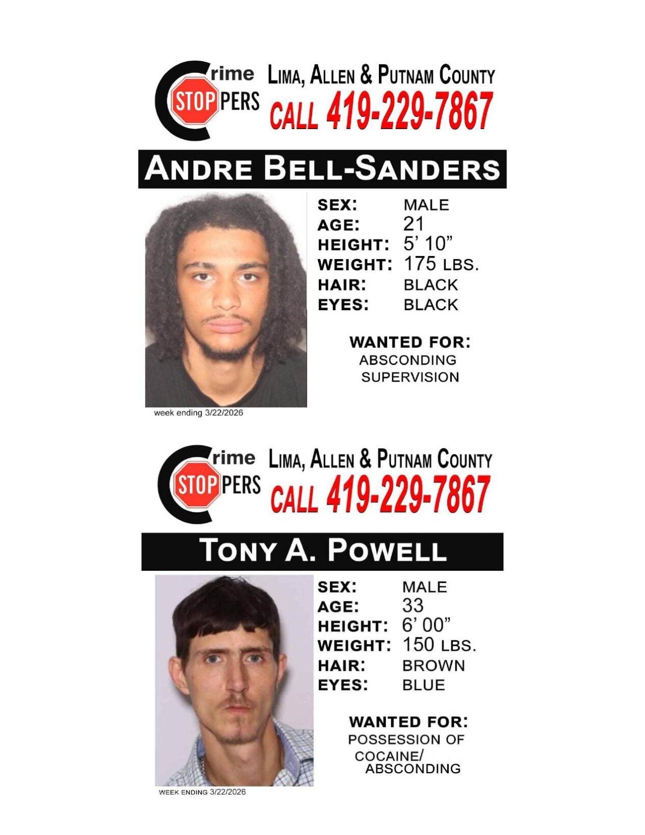 Lima/Allen-Putnam County Crime Stoppers Wanted Persons of the Week - March 16, 2026