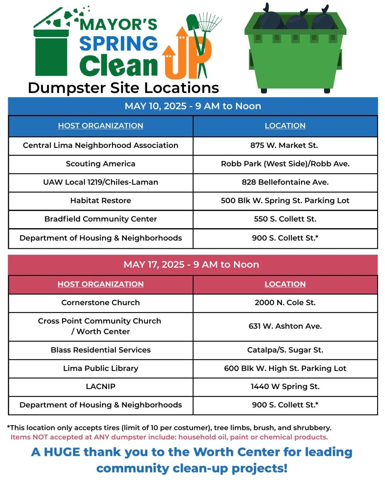 Dumpster Site Locations for Mayor Clean Up