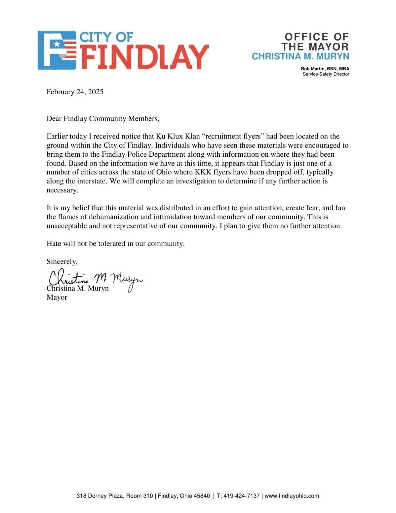 Mayor Muryn statement on KKK recruitment flyers
