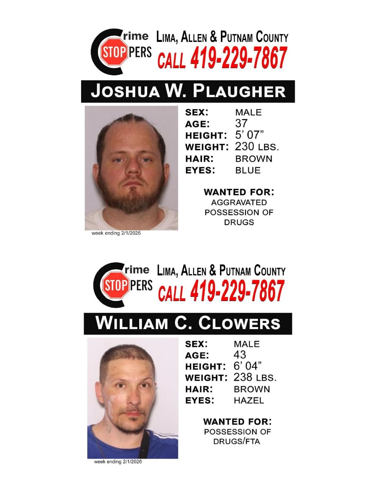 Lima/Allen-Putnam County Crime Stoppers Wanted Persons of the Week - January 26, 2025