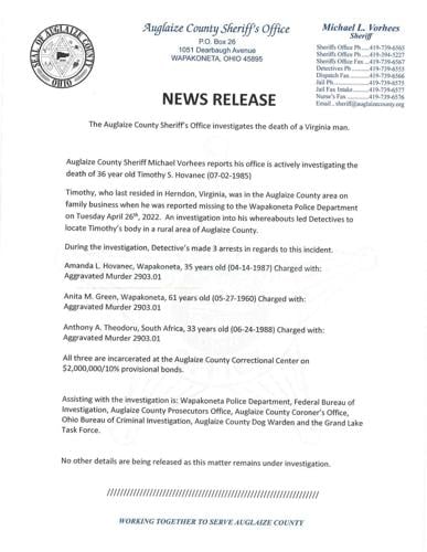 3 arrested for aggravated murder in Auglaize County Press Release