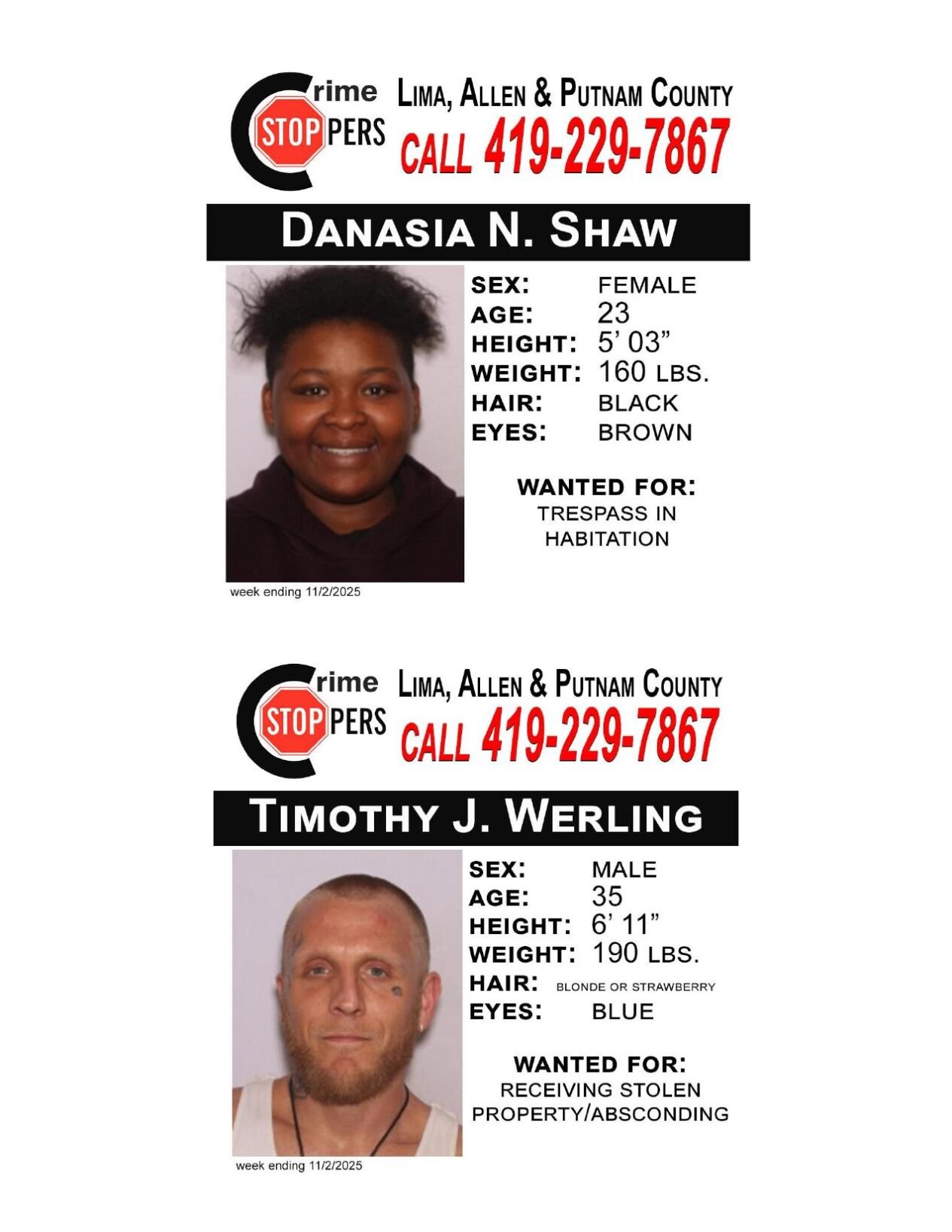 Lima/Allen-Putnam County Crime Stoppers Wanted Persons of the Week - October 27, 2025