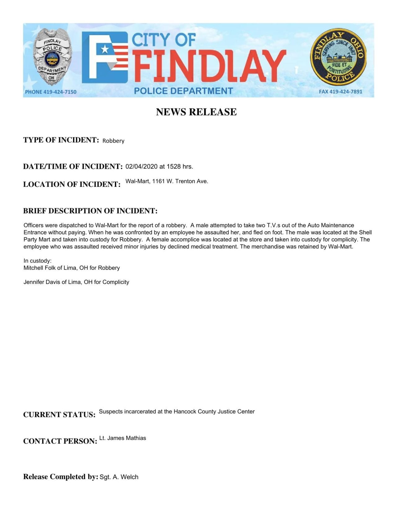Man and woman arrested after trying to steal TVs from Findlay Walmart.pdf