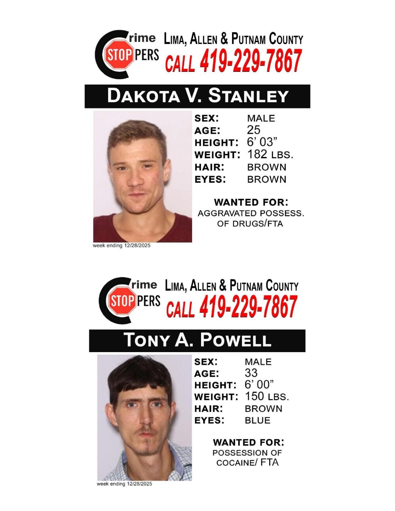 Lima/Allen-Putnam County Crime Stoppers Wanted Persons of the Week - December 26, 2025