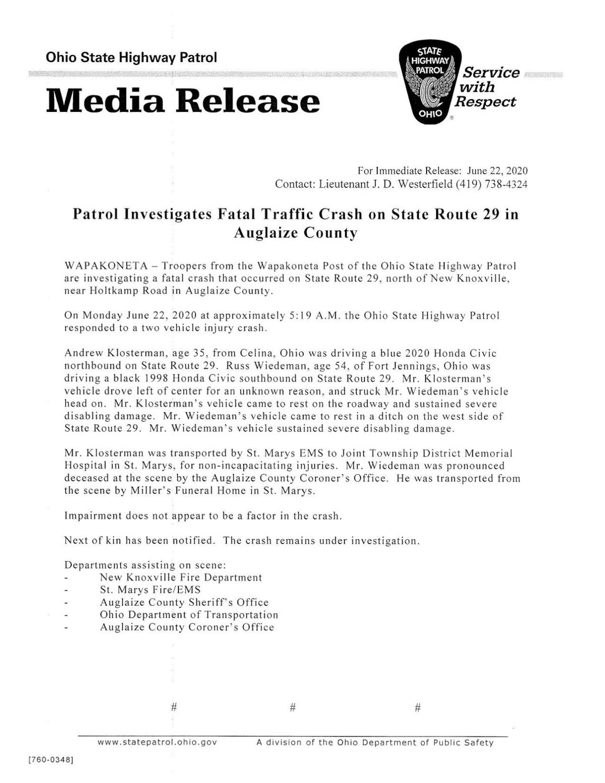 A Fort Jennings Man Was Killed In A Two Car Crash In Auglaize