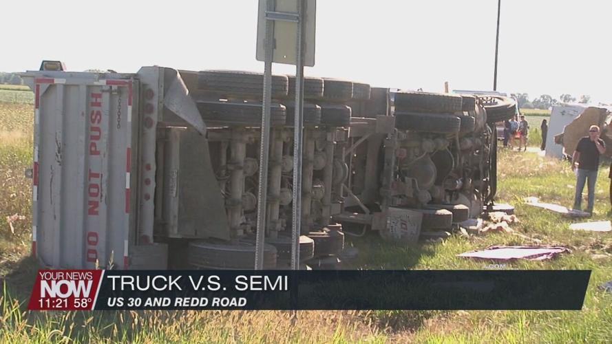 Pickup truck pulling a camper rear-ended by a semi on U.S. 30