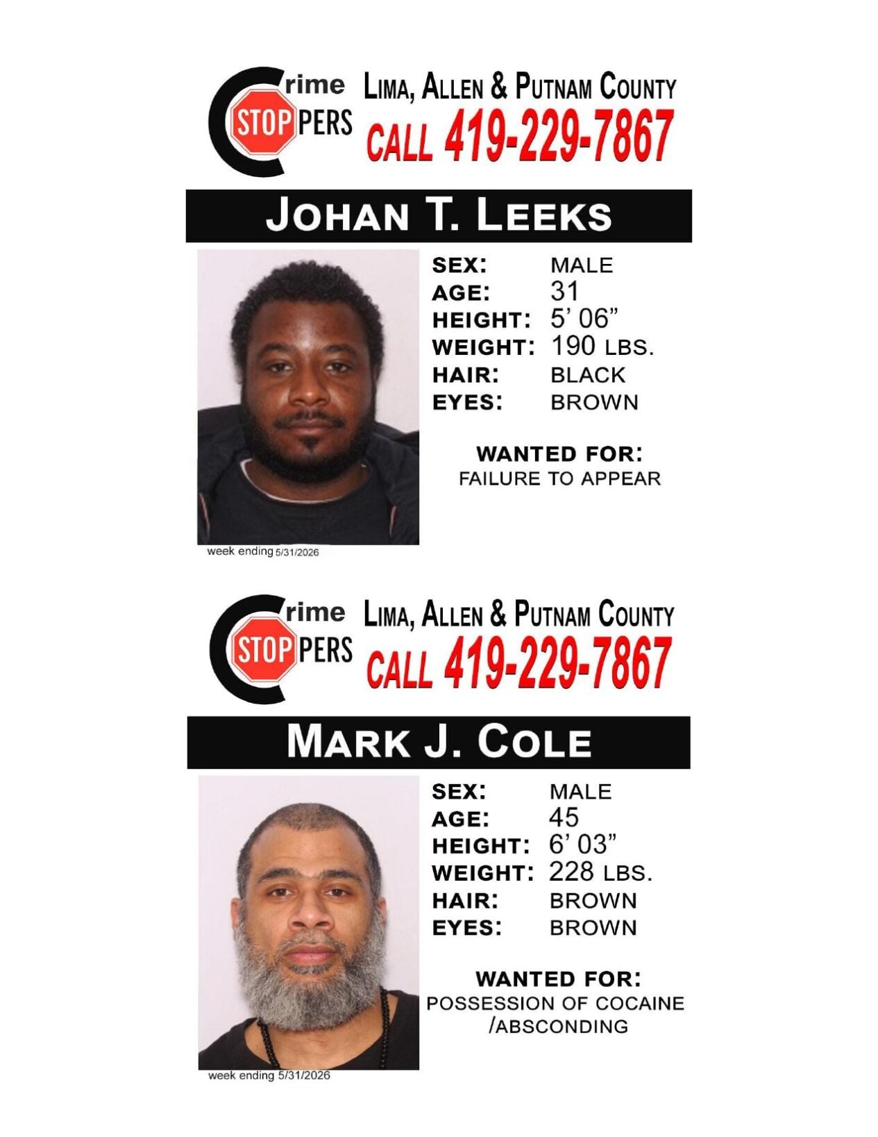 Lima/Allen-Putnam County Crime Stoppers Wanted Persons of the Week - May 18, 2026