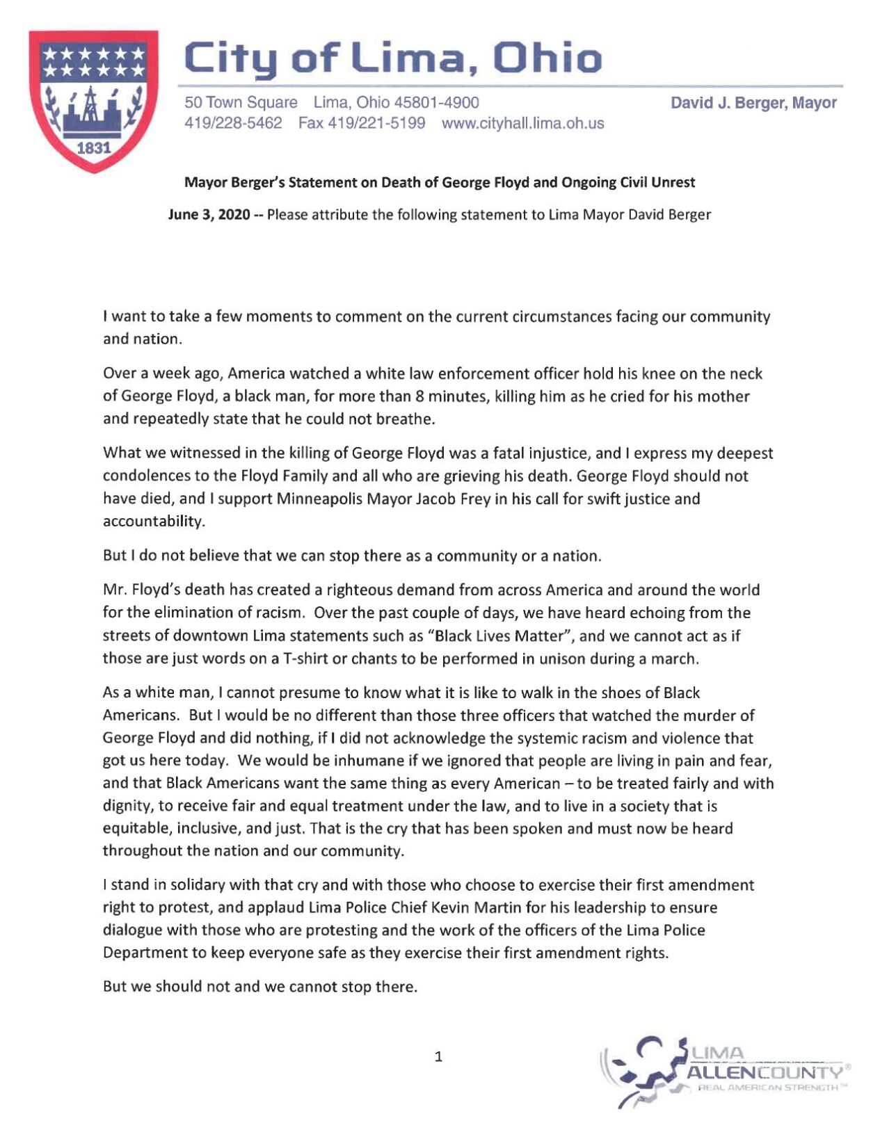 Mayor Berger Press Release