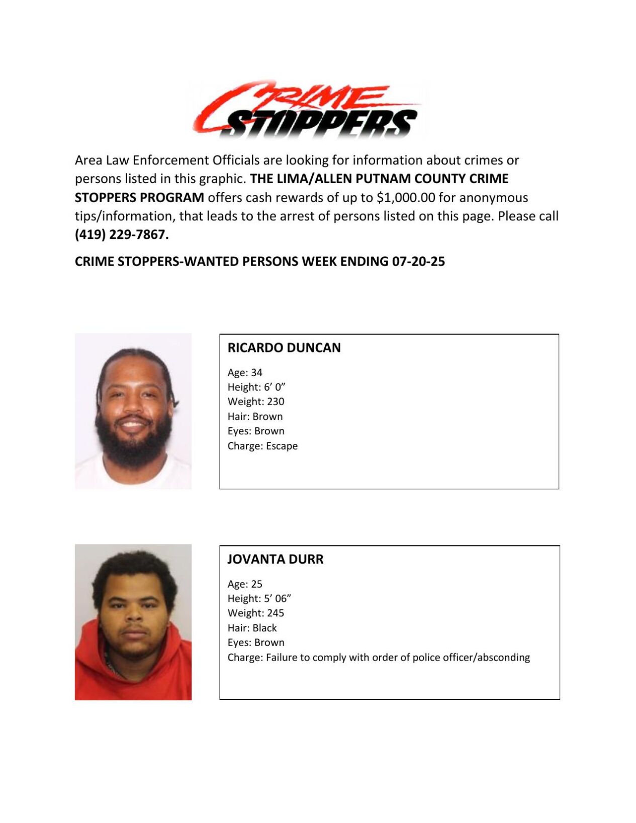 Lima/Allen-Putnam County Crime Stoppers Wanted Persons of the Week - July 14, 2025