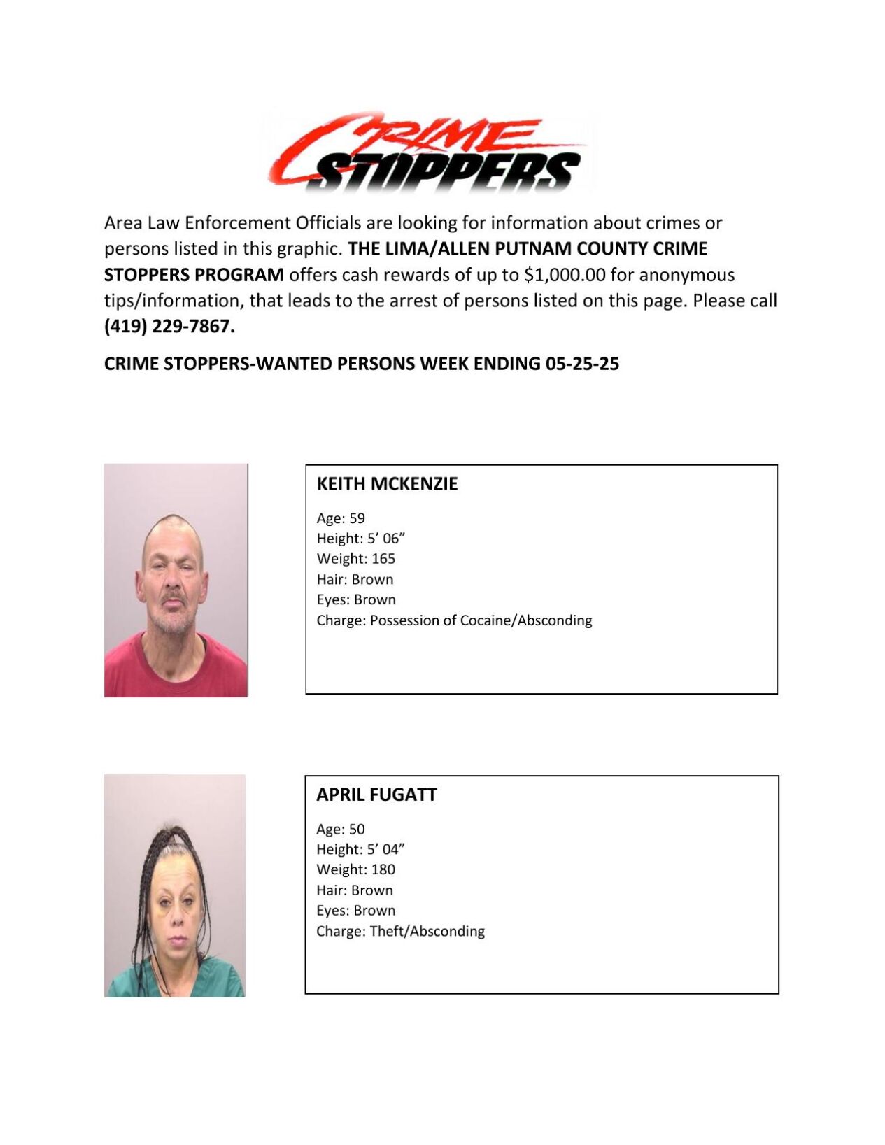 Lima/Allen-Putnam County Crime Stoppers Wanted Persons of the Week - May 19, 2025