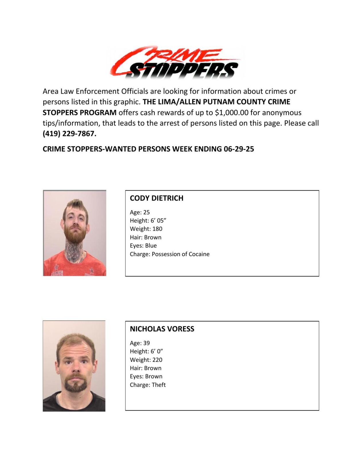 Lima/Allen-Putnam County Crime Stoppers Wanted Persons of the Week - June 23, 2025