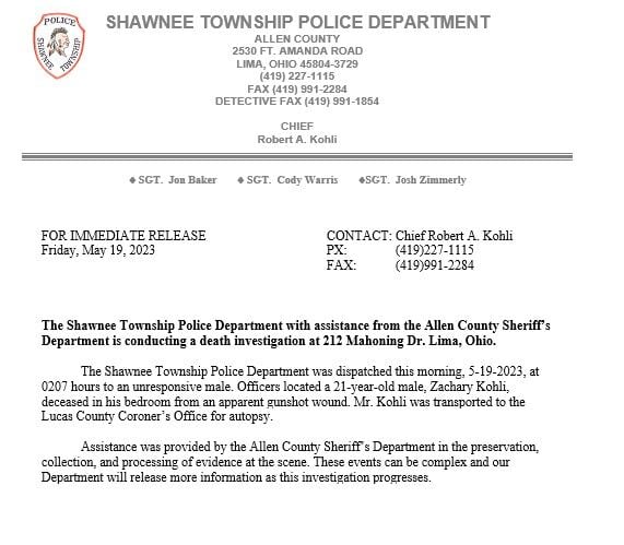 Media Release on from Shawnee Twp. Police Dept. on Kohli Investigation