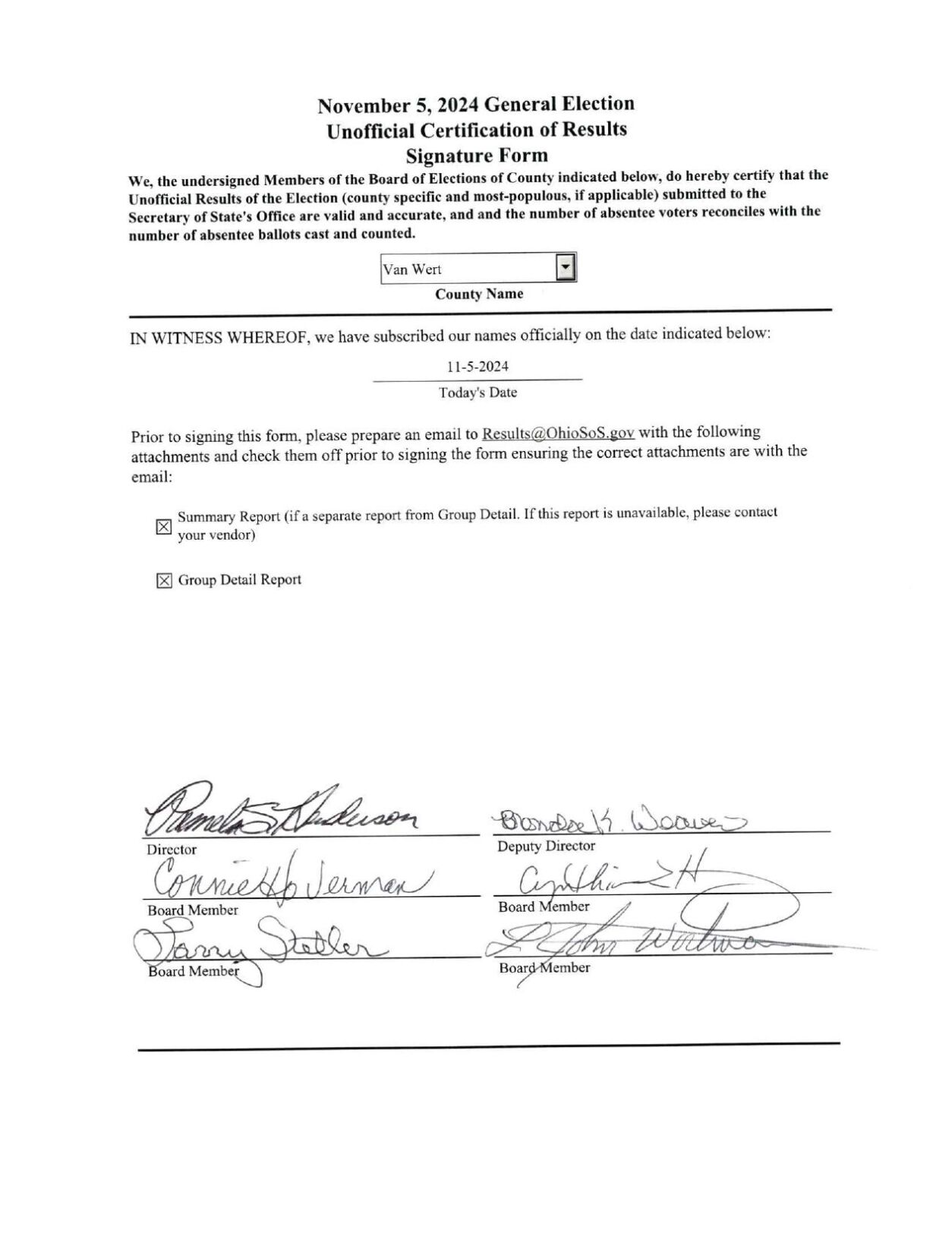 Van Wert County Unofficial Results