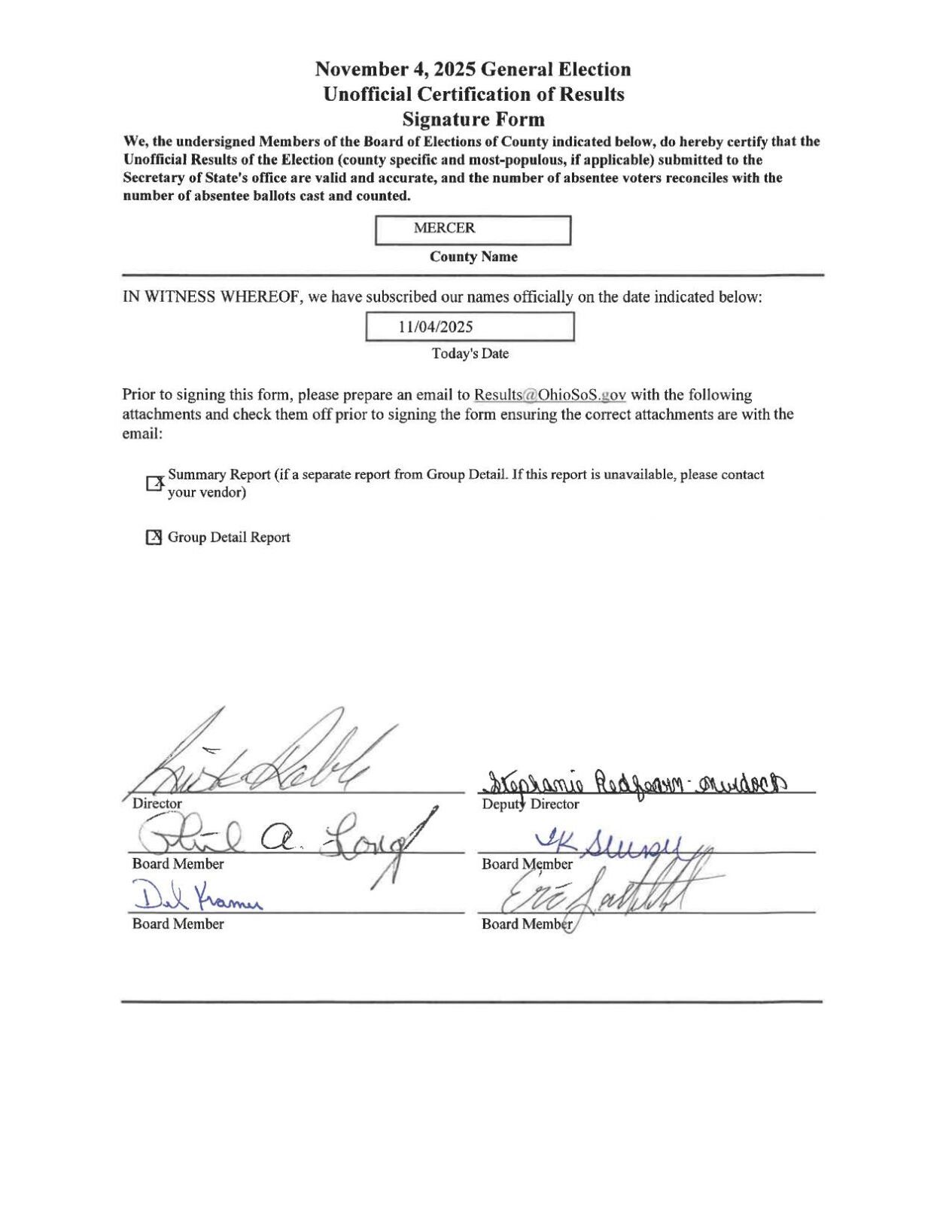 Mercer County Unofficial Results