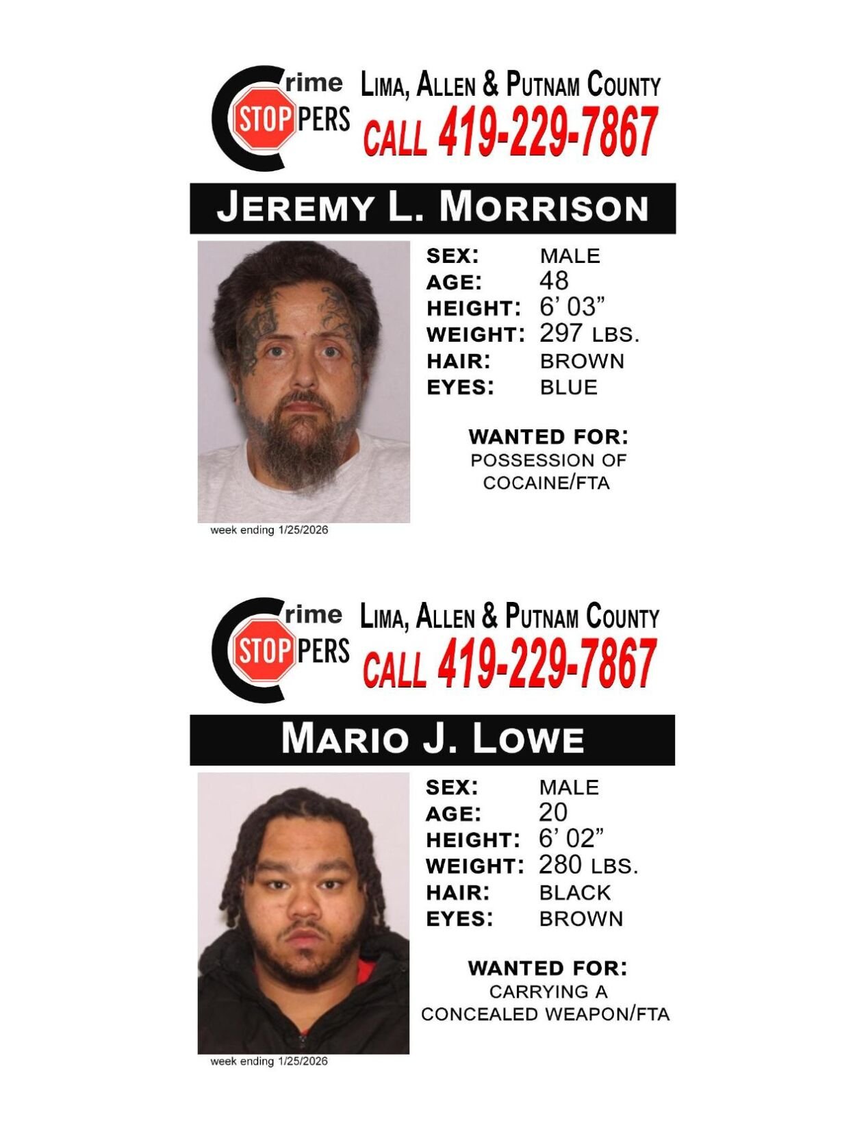 Lima/Allen-Putnam County Crime Stoppers Wanted Persons of the Week - January 19, 2026