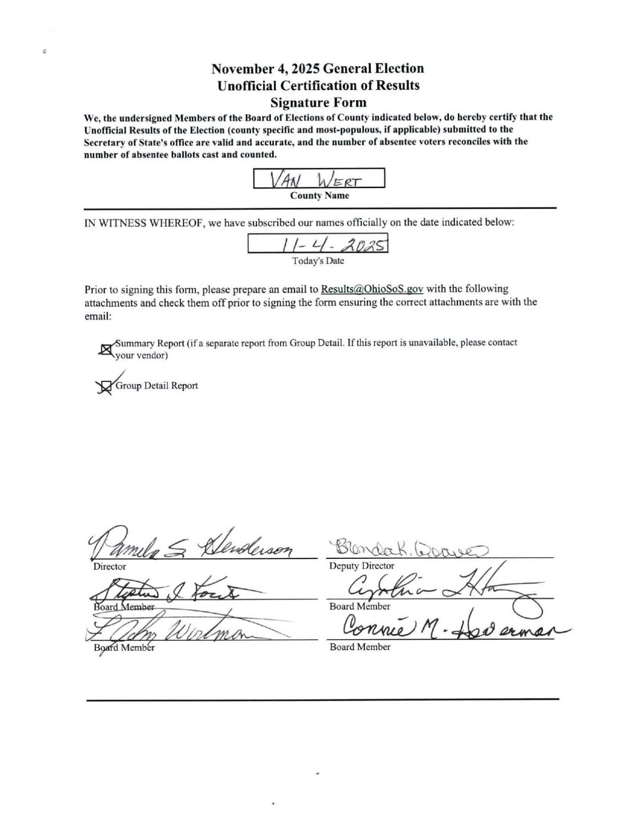 Van Wert Unofficial Results