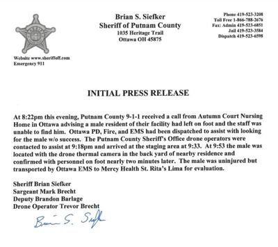 Putnam County Sheriff's Office press release for missing nursing home resident