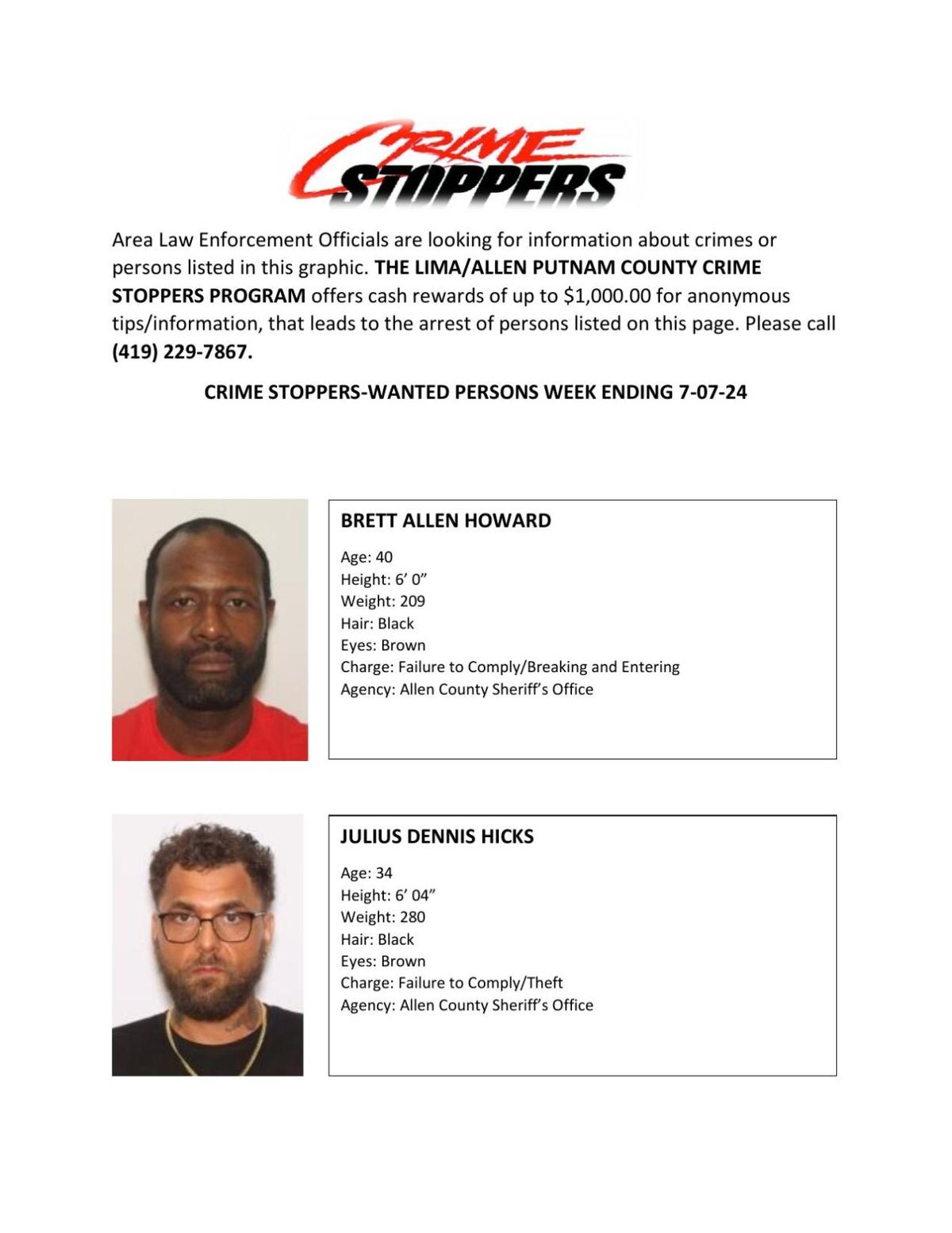 Lima/Allen-Putnam County Crime Stoppers Wanted Persons of the Week