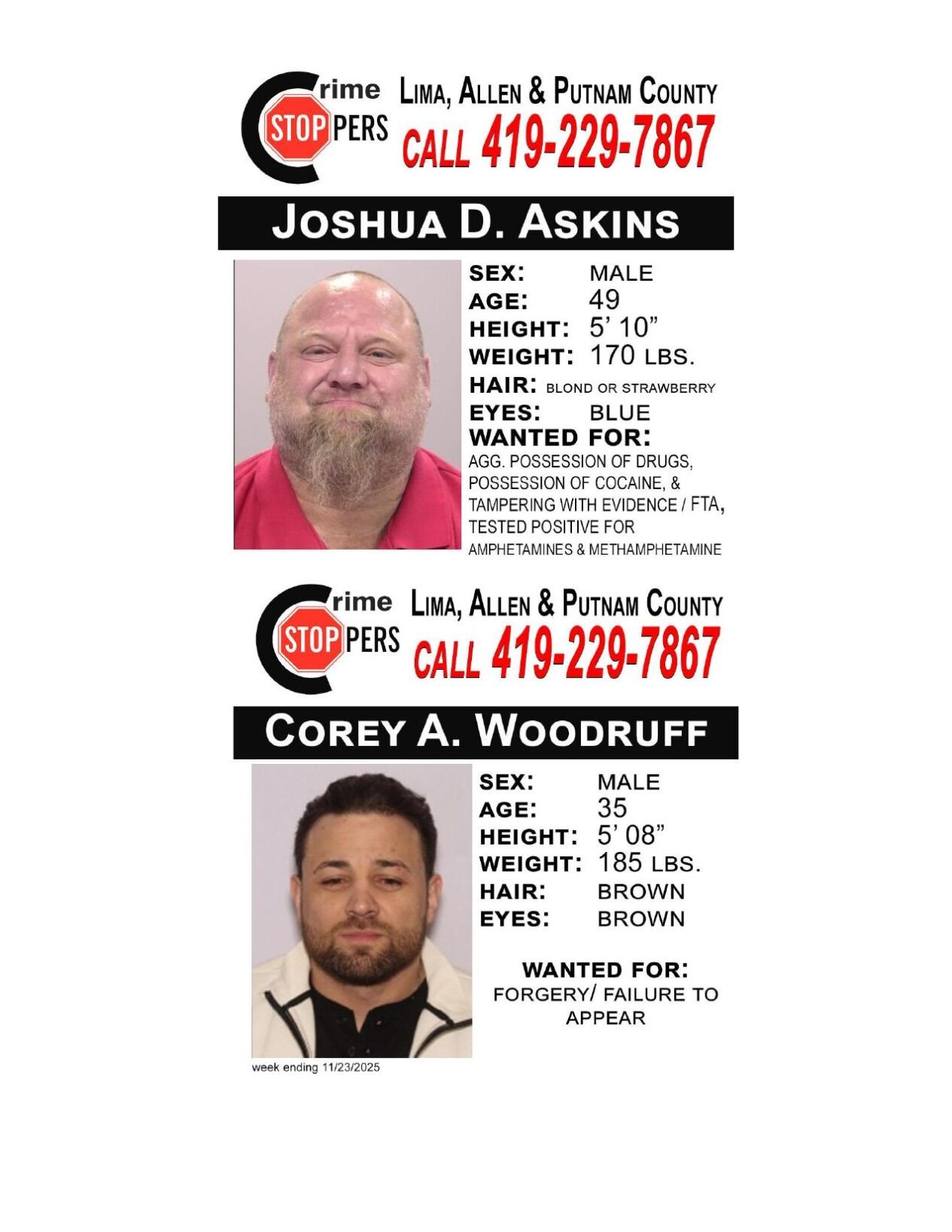 Lima/Allen-Putnam County Crime Stoppers Wanted Persons of the Week - November 17, 2025