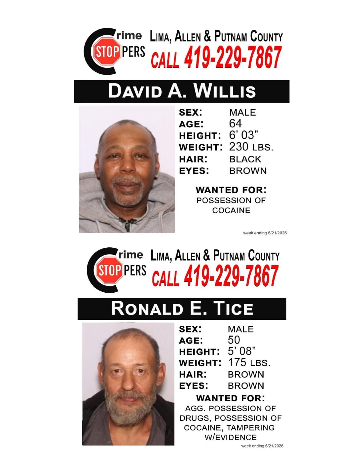 Lima/Allen-Putnam County Crime Stoppers Wanted Persons of the Week - June 15, 2026