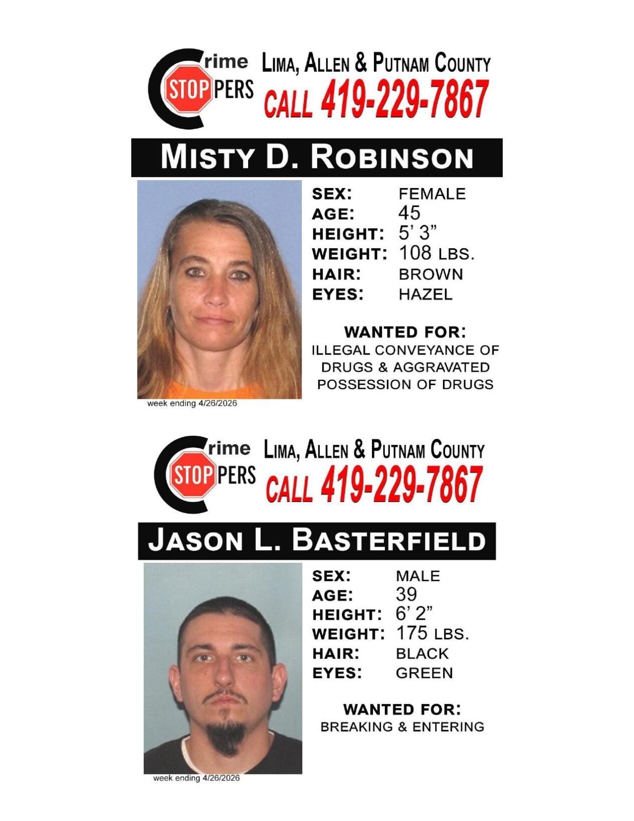Lima/Allen-Putnam County Crime Stoppers Wanted Persons of the Week - April 22, 2026