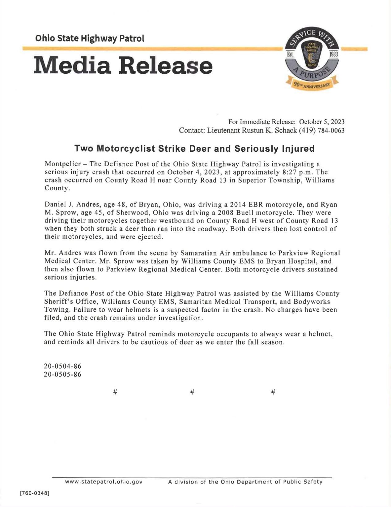 Defiance Post investigating crash that seriously injured two motorcyclists who hit a deer.pdf