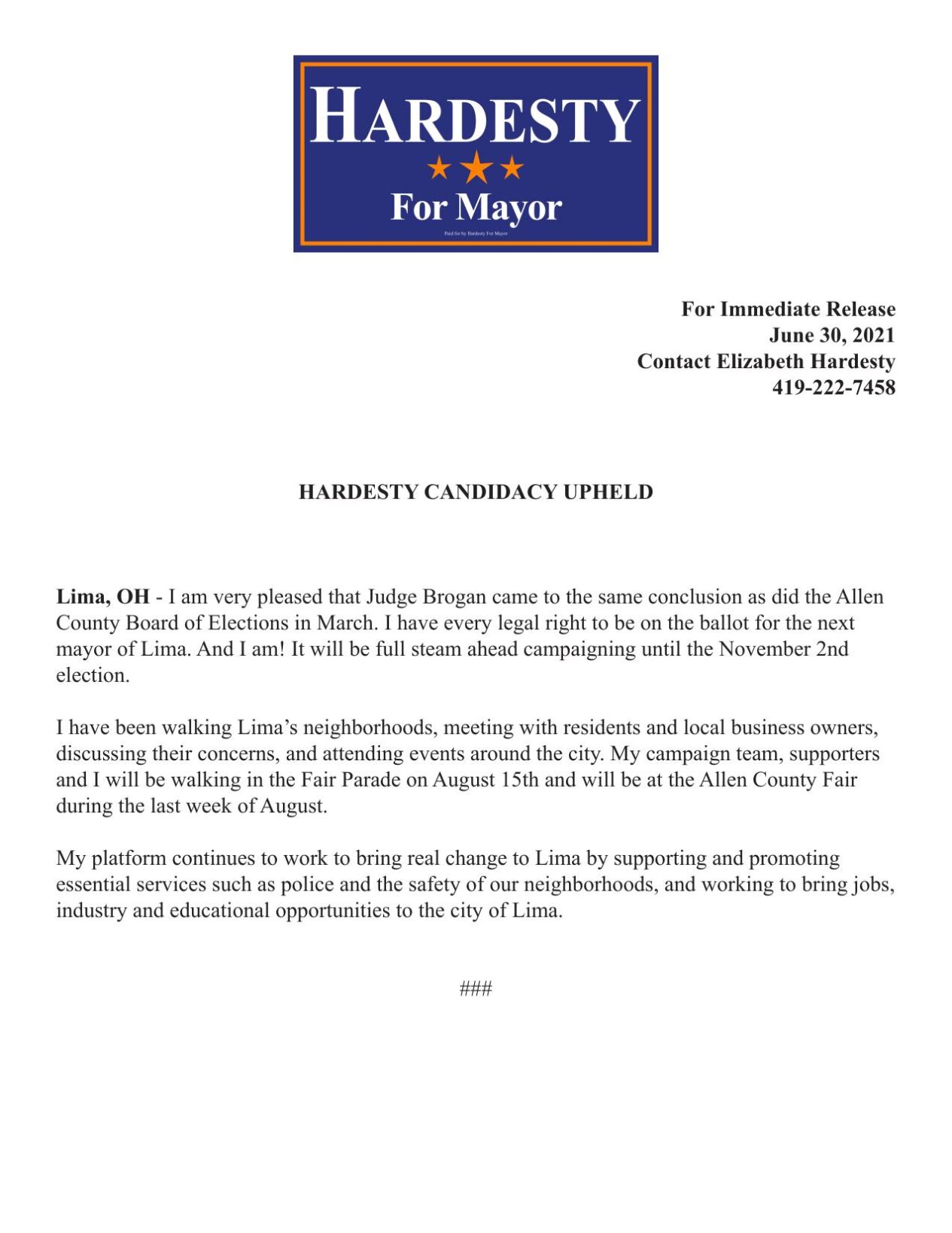 Press Release from Elizabeth Hardesty