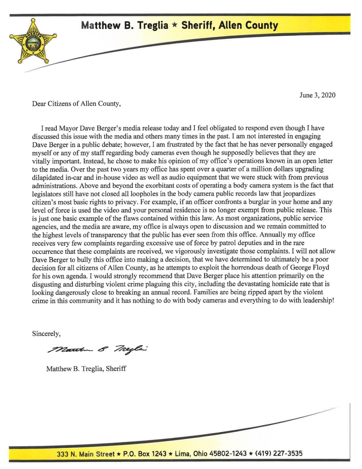 Sheriff Treglia response to Mayor Berger