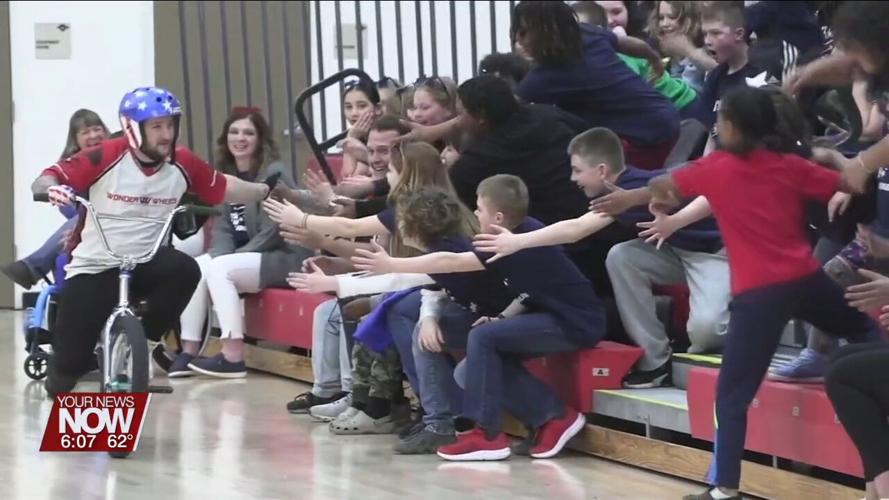 School assembly featuring Wonder Wheels BMX Stunt Team motivate Perry students