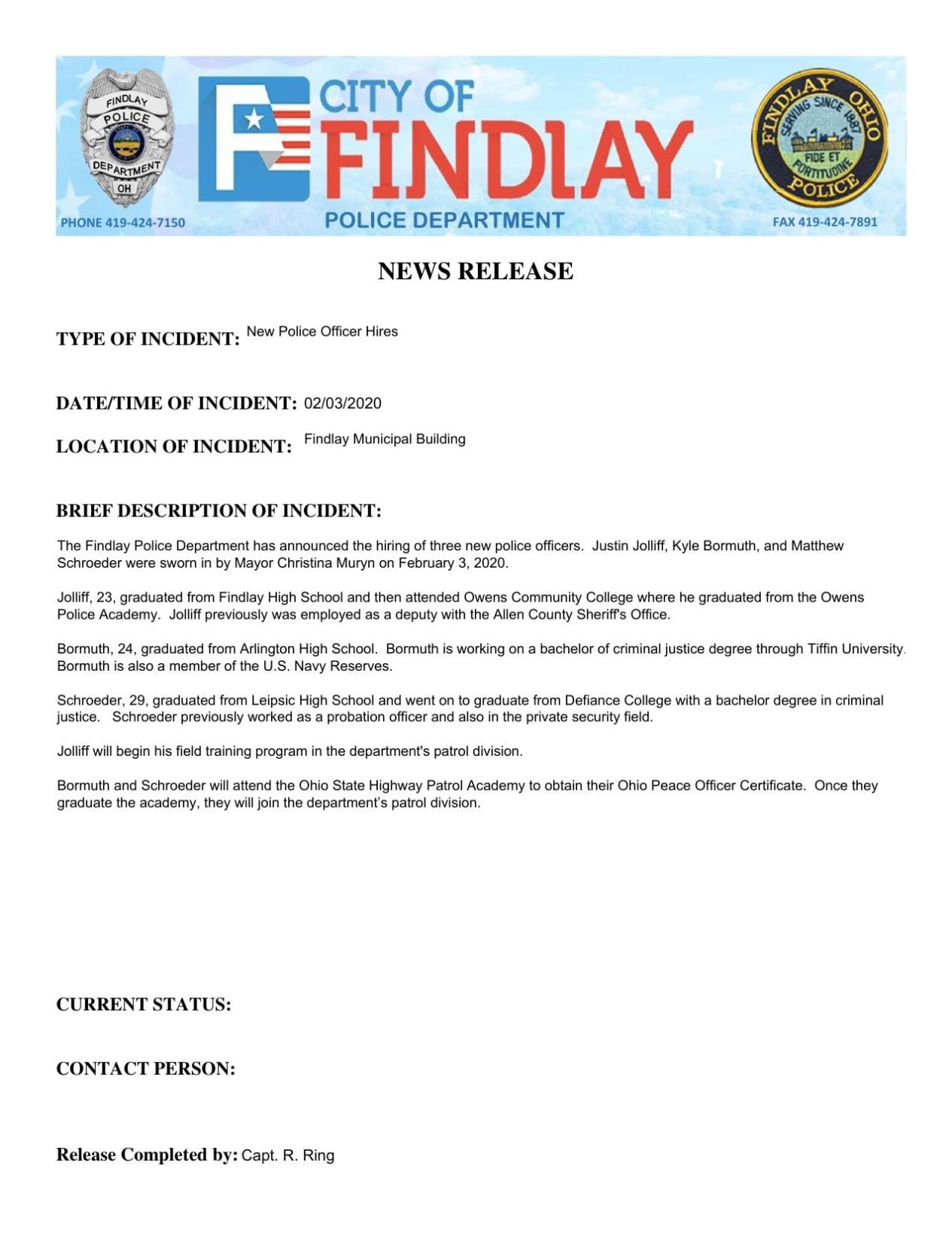 Findlay Police Department welcomes three new police officers