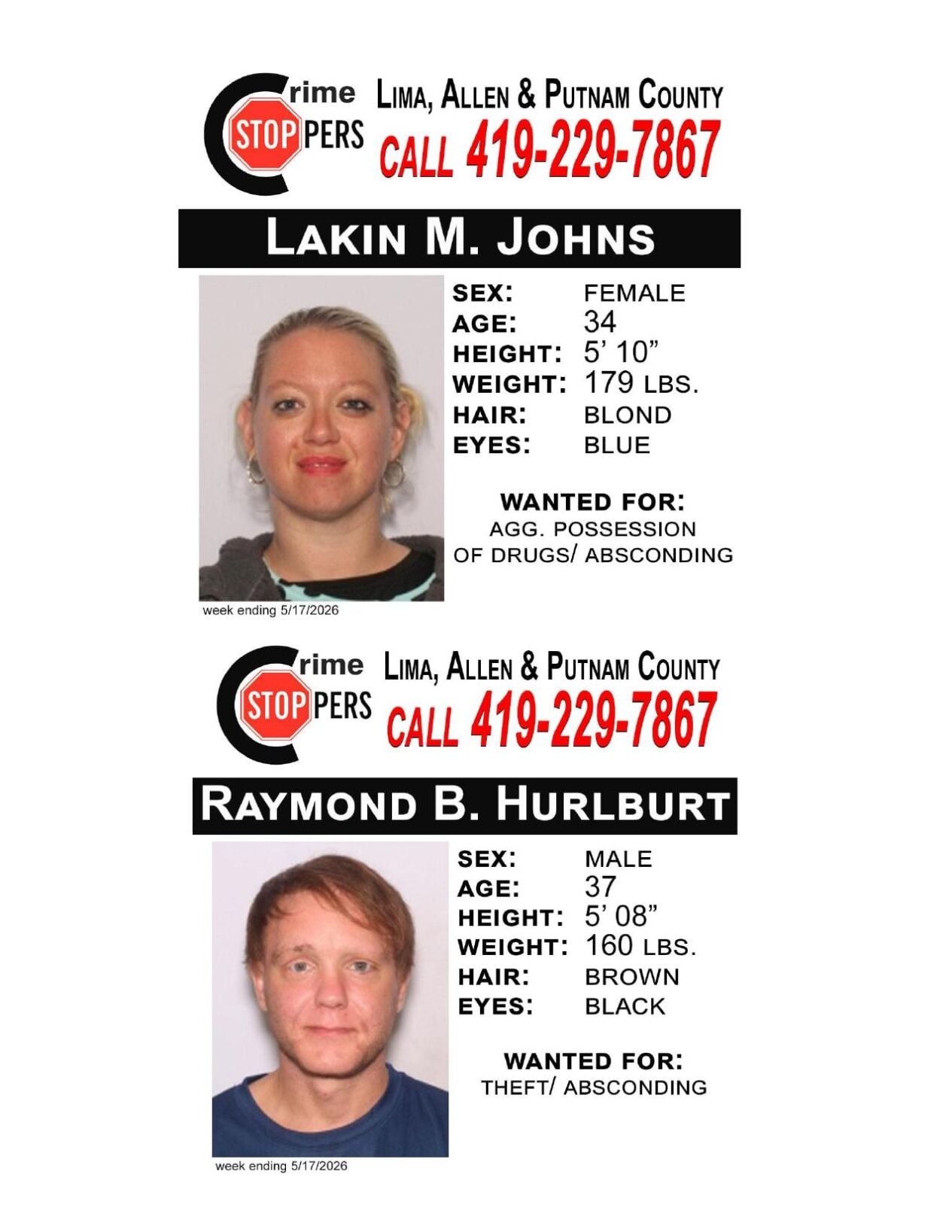 Lima/Allen-Putnam County Crime Stoppers Wanted Persons of the Week - May 11, 2026