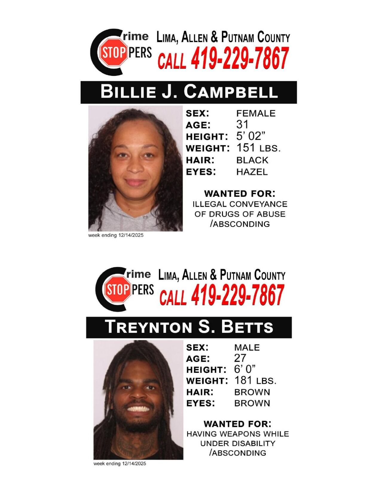 Lima/Allen-Putnam County Crime Stoppers Wanted Persons of the Week - December 8, 2025