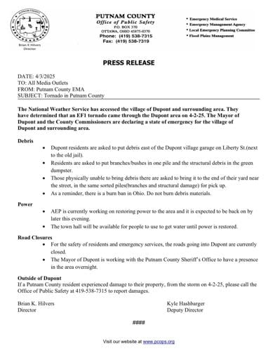 Putnam County Office of Public Safety press release