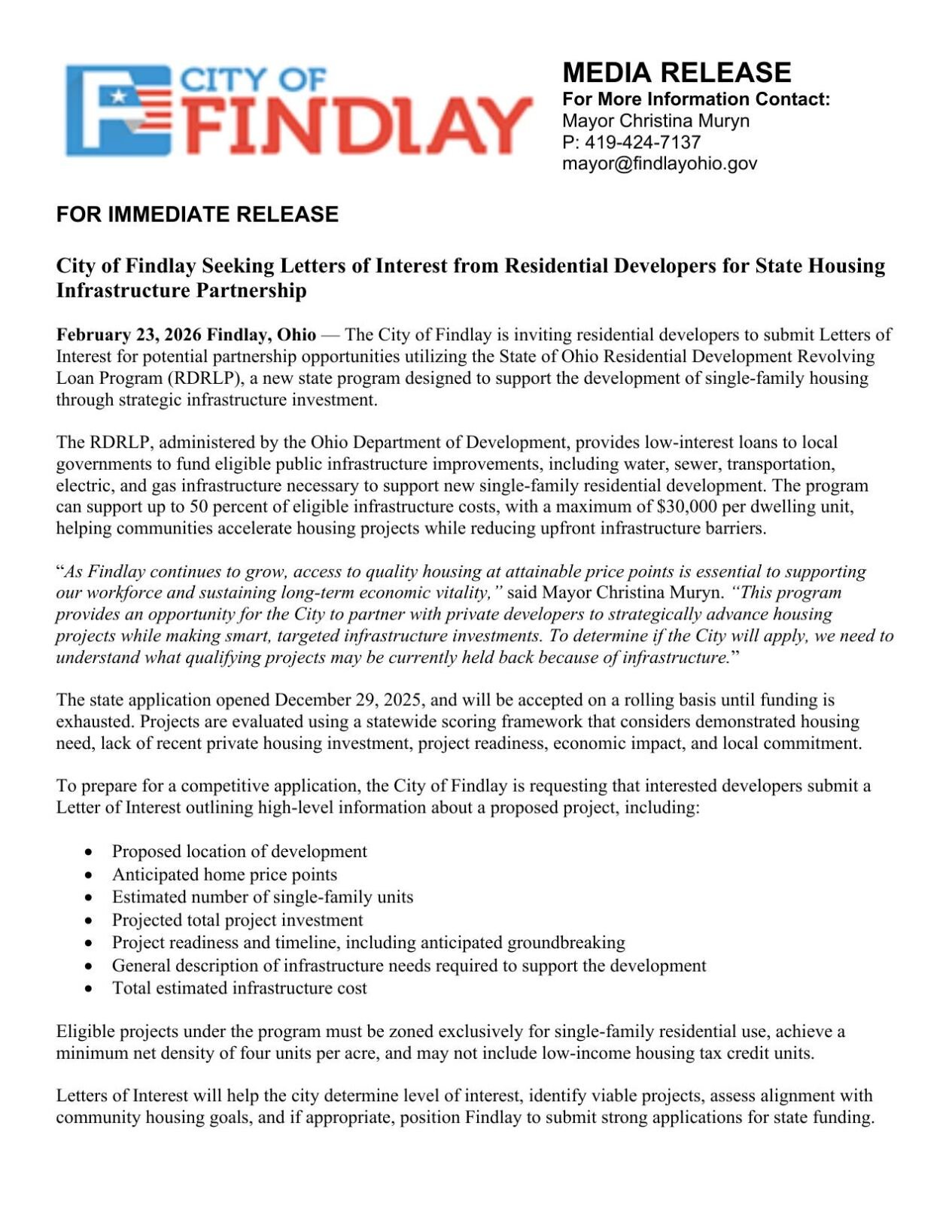Media Release City of Findlay Residential Revolving Loan Fund