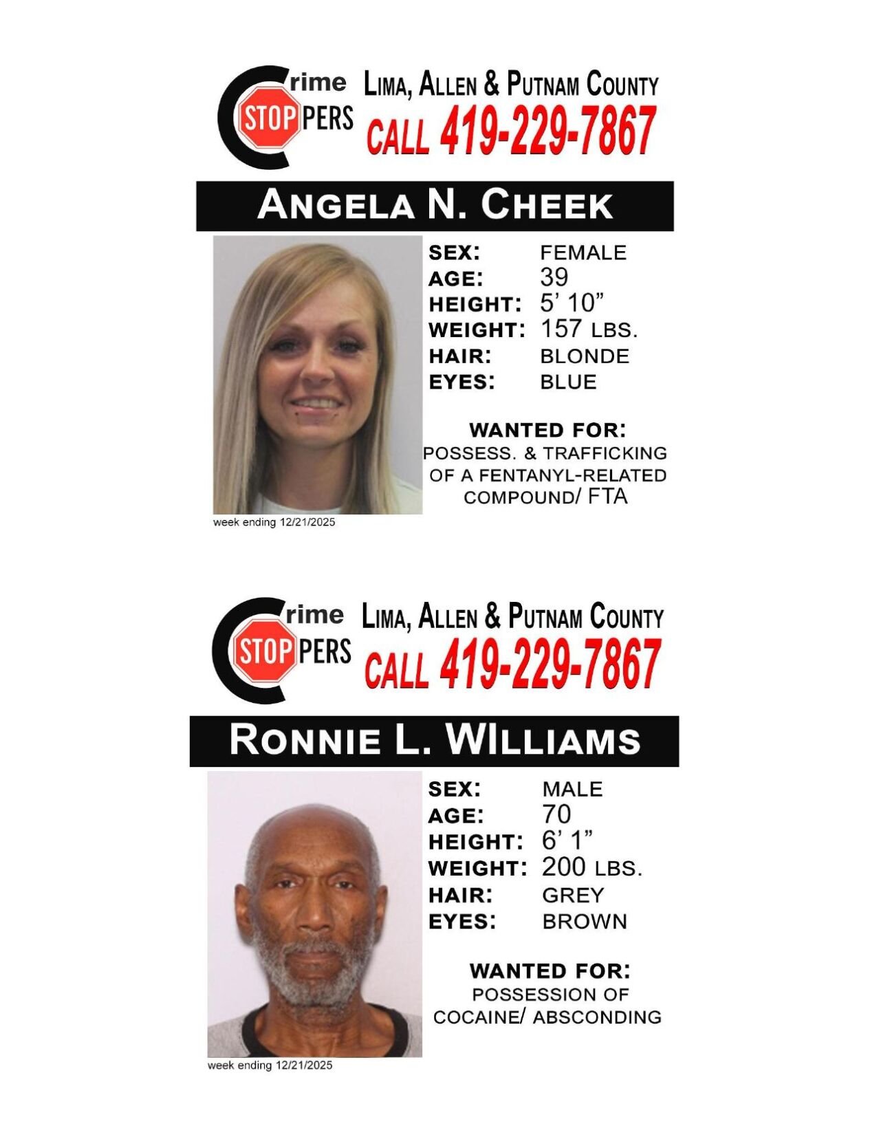 Lima/Allen-Putnam County Crime Stoppers Wanted Persons of the Week - December 15, 2025