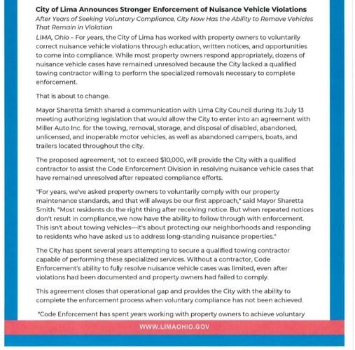 Lima Nuisance vehicle press release