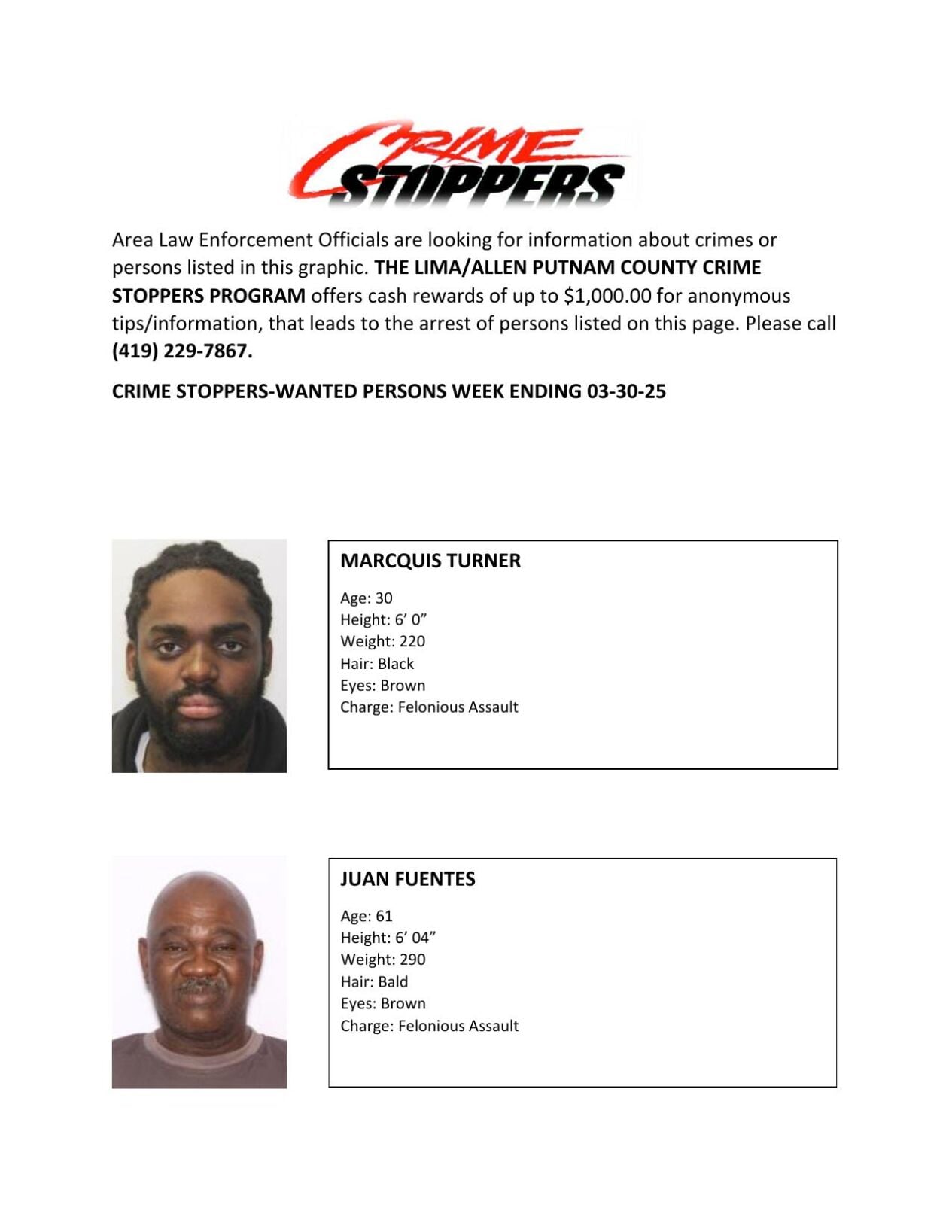 Lima/Allen-Putnam County Crime Stoppers Wanted Persons of the Week - March 25th, 2025
