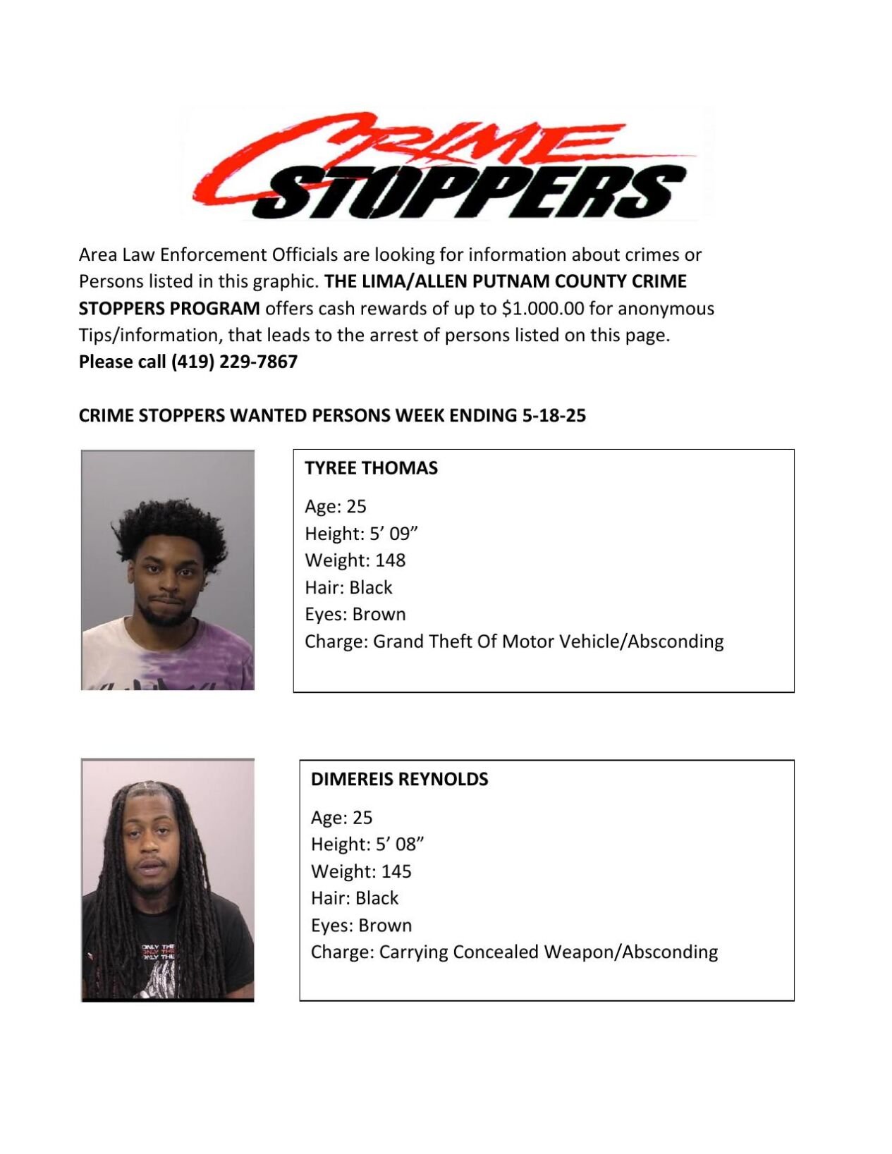 Lima/AllenPutnam County Crime Stoppers Wanted Persons of the Week