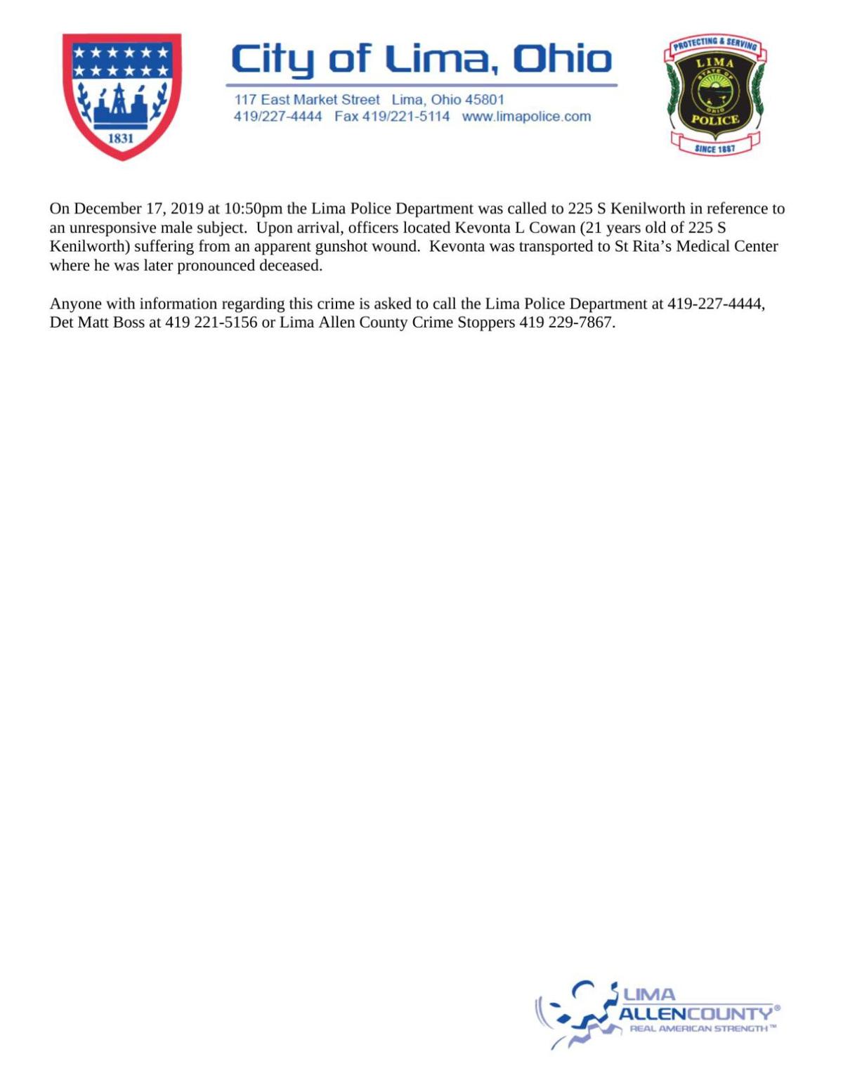 Lima Police Investigating 6th Homicide Of 2019 News Hometownstations Com