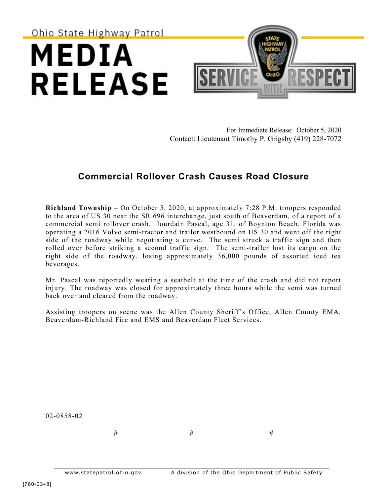 Part of U.S. 30 closed down following semi crash.pdf