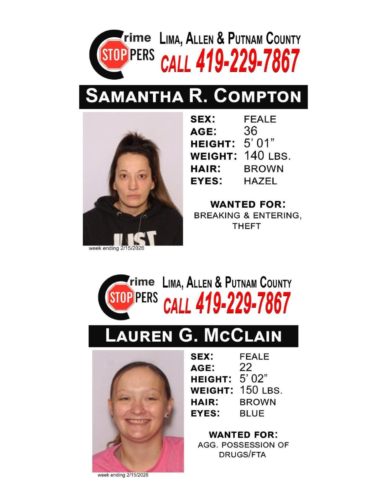 Lima/Allen-Putnam County Crime Stoppers Wanted Persons of the Week - February 9, 2026