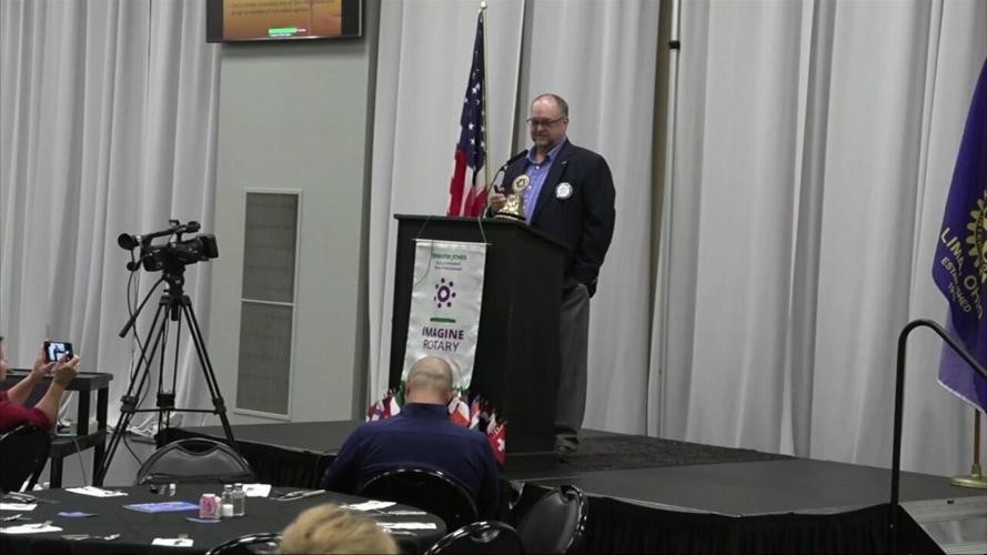 Berlin Carroll speaks to Lima Rotarians about the importance of an independent judiciary