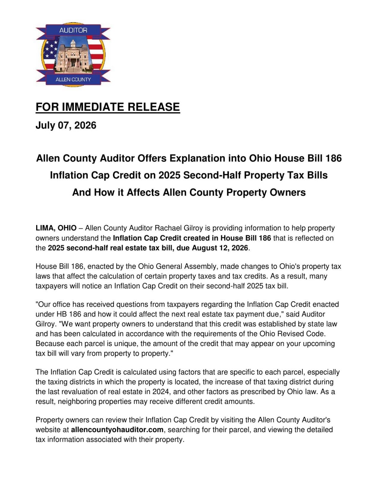 Allen County Auditor HB 186 release