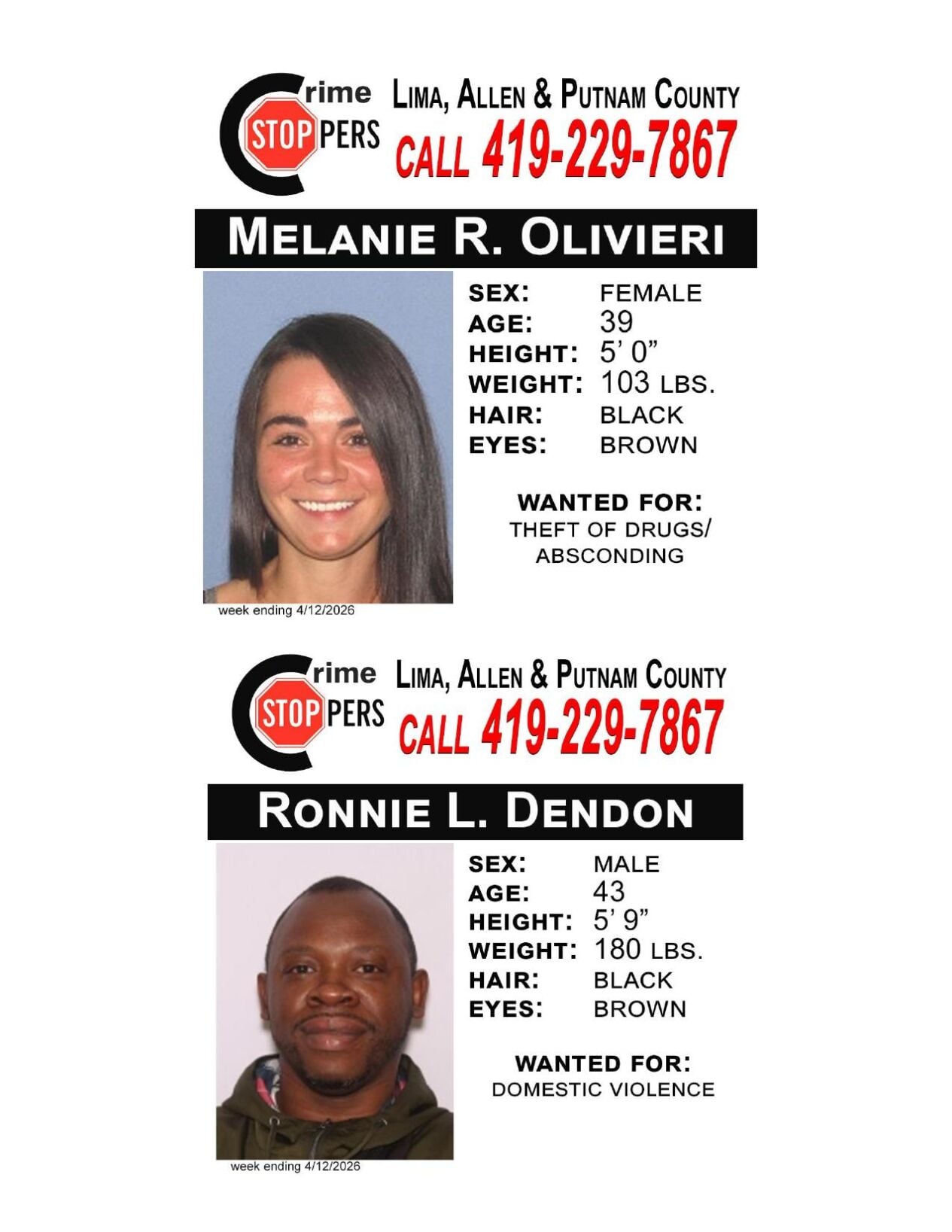 Lima/Allen-Putnam County Crime Stoppers Wanted Persons of the Week - April 7, 2026
