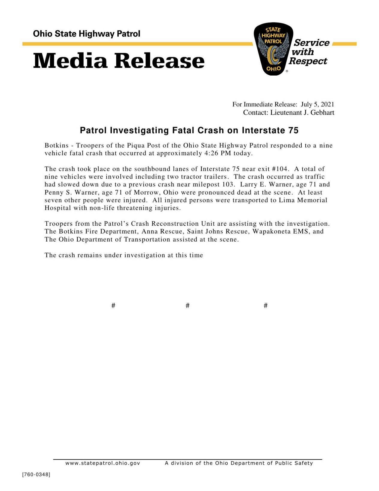 Media Release Fatal I-75 Crash 7-5-21