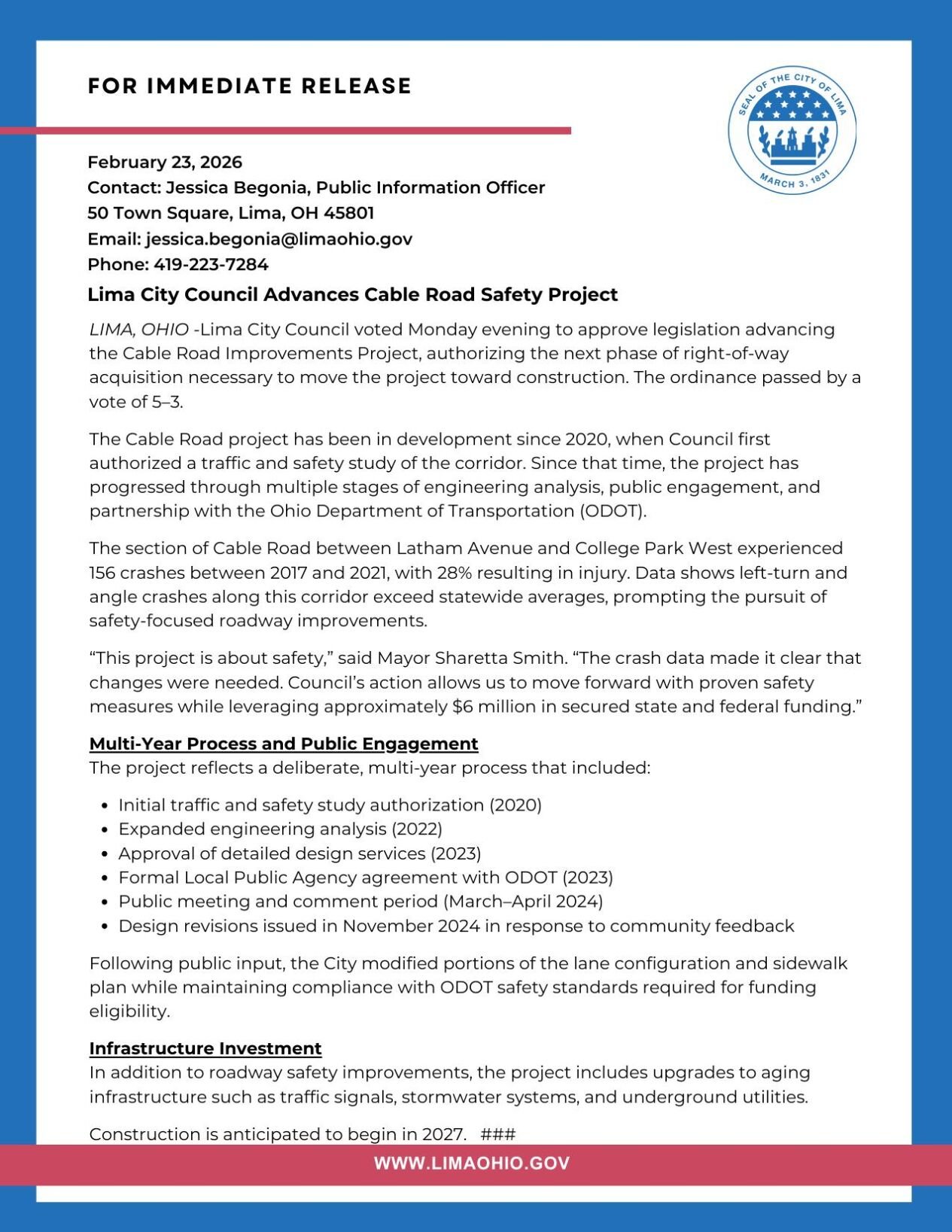 February 23, 2026, Cable Road Project Press Release from the City of Lima: